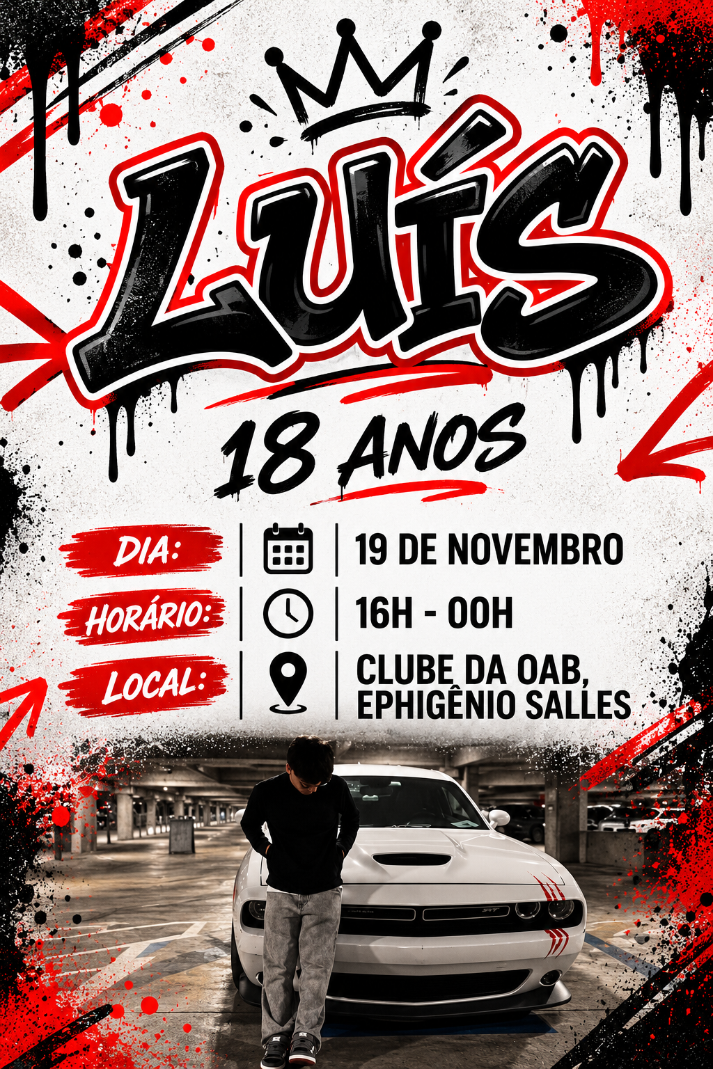 Luís, 18 anos. Dia 19 de novembro, das 16h às 00h, no Clube da OAB, Ephigênio Salles.