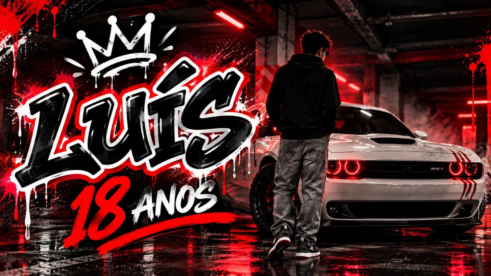 Capa de Luís 18 anos, carro branco e garagem com luzes vermelhas. Toque aqui para começar.